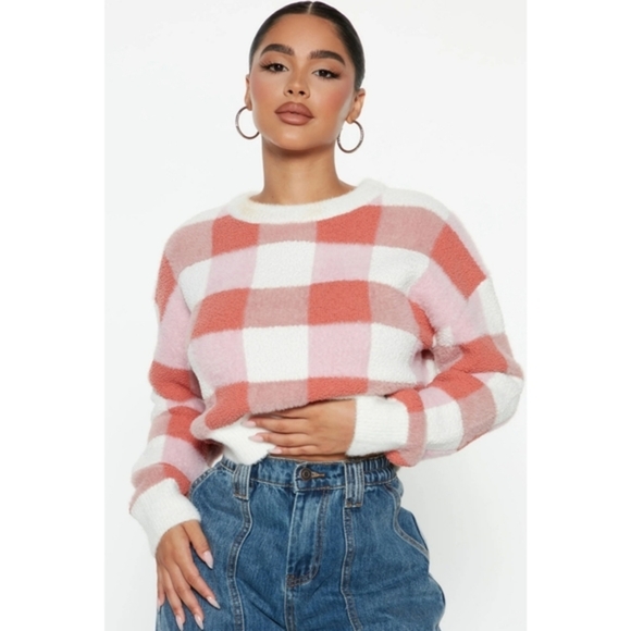 Fashion Nova Sweaters - Fashion Nova ✦ Sweet Escapes Gingham Sweater ✦ Pink White Crew Neck Oversized L